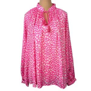 💕Crown & Ivy Pink Hearts Print Boho Tassel V-Neck Blouse Large EUC Lightweight🩷